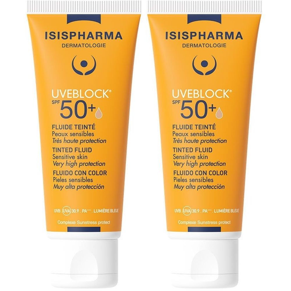 Deux tubes de crème solaire ISISPHARMA Uveblock SPF 50+. Tubes orange avec bouchon blanc. Texte: Uveblock SPF 50+.
