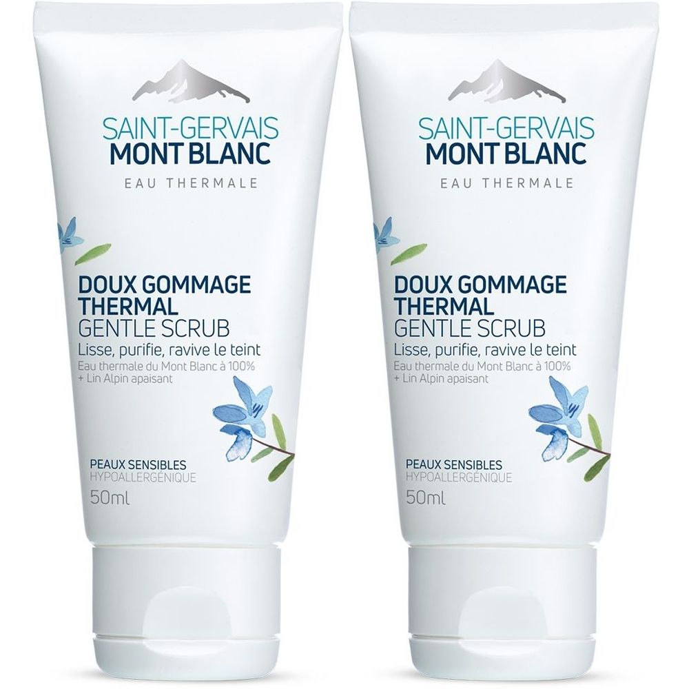 Deux tubes de Saint-Gervais MONT BLANC Doux gommage thermal. Tubes blancs, texte bleu et éléments floraux. 50ml.
