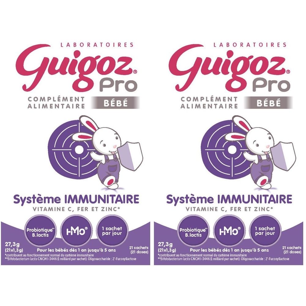 Deux sachets Guigoz Pro. Texte: Système Immunitaire, Vitamine C, Fer et Zinc. Illustration d'un lapin tenant un bouclier.