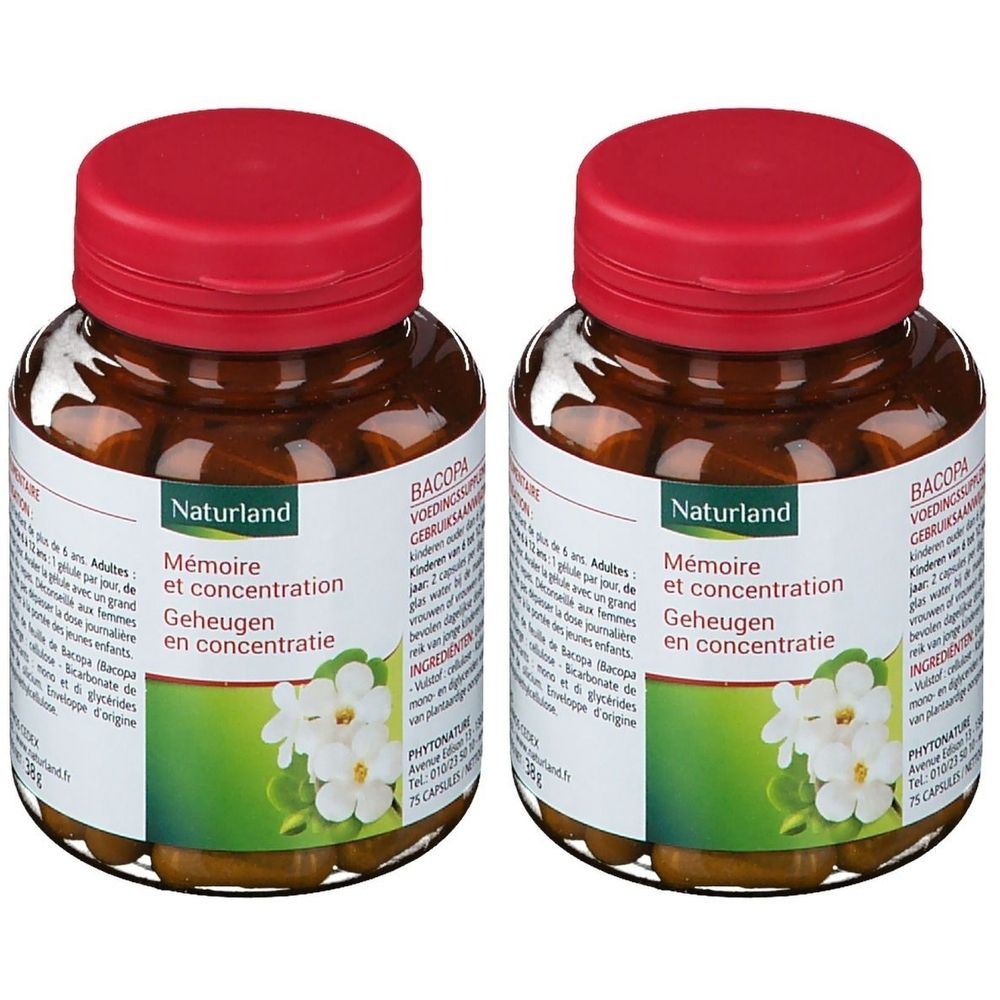 Deux flacons avec bouchons rouges. Étiquettes avec "Naturland Mémoire et concentration". Capsules visibles.