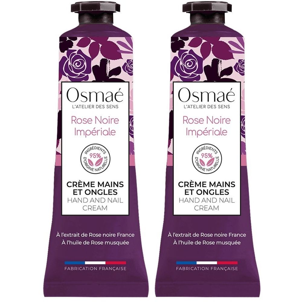 Deux tubes de crème mains OSMAE Rose Noire Impériale. Tubes violets avec motifs floraux et informations produit. Fabrication française.