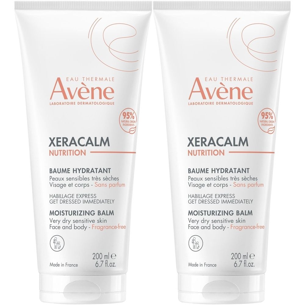 Deux tubes de Baume Hydratant Avène XeraCalm Nutrition. Tubes blancs avec nom du produit et logo. 95% d'ingrédients d'origine naturelle.