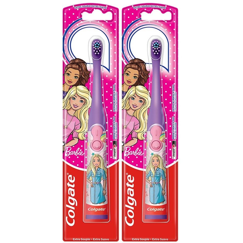 Deux brosses à dents électriques Barbie emballées. Tête violette, logo Colgate. Extra souple.