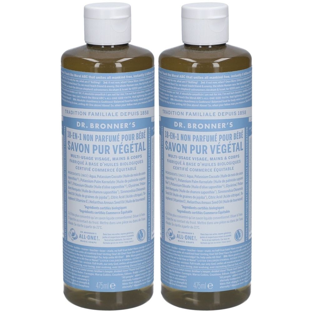 Deux flacons avec étiquette bleu et blanc. Inscription: DR. BRONNER'S, 18-en-1, Savon pur végétal. Bouchon blanc. Liquide vert visible.