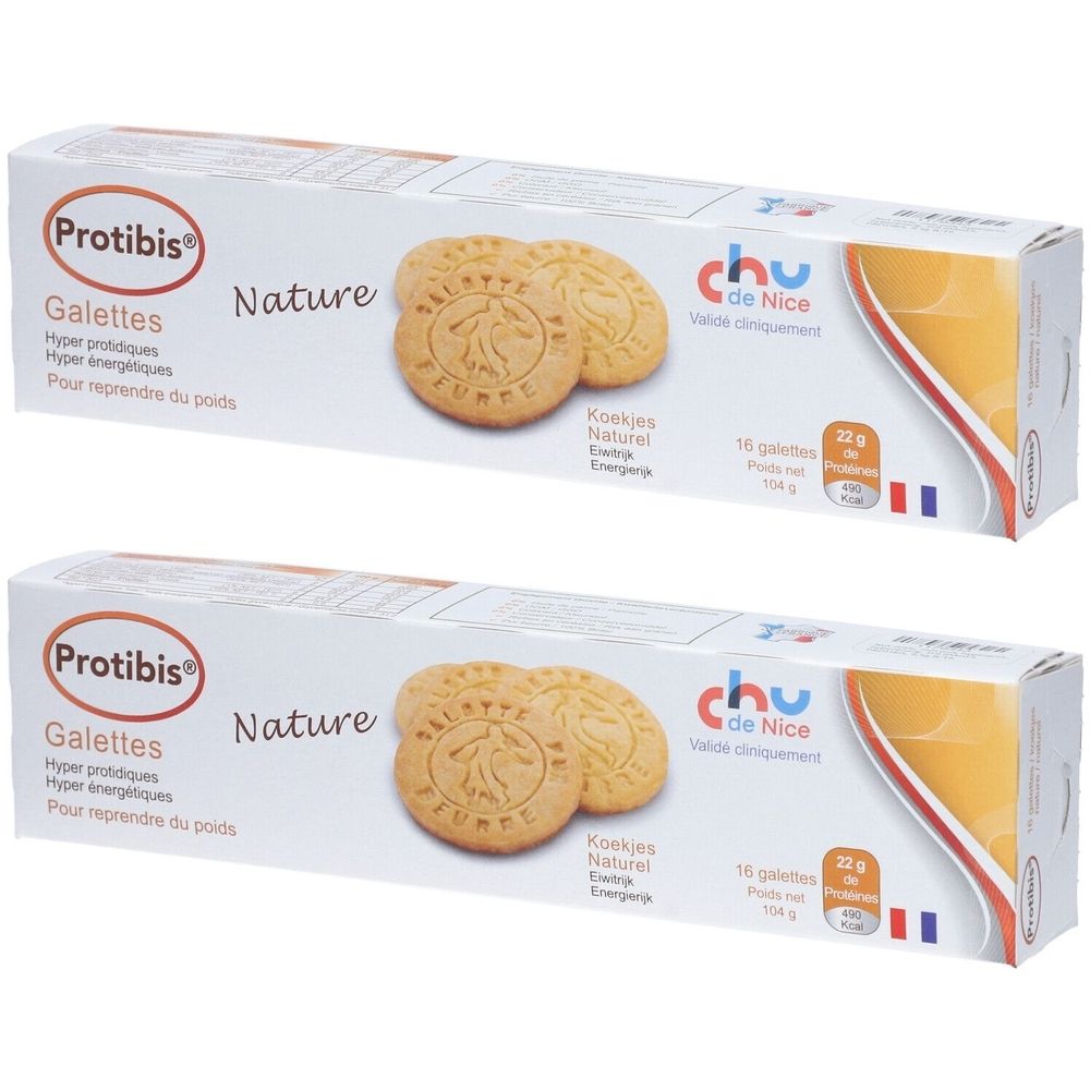 Deux boîtes de Protibis Galettes Nature. Emballage blanc avec image et texte. 16 galettes, 104g. Label 'CHU de Nice'.