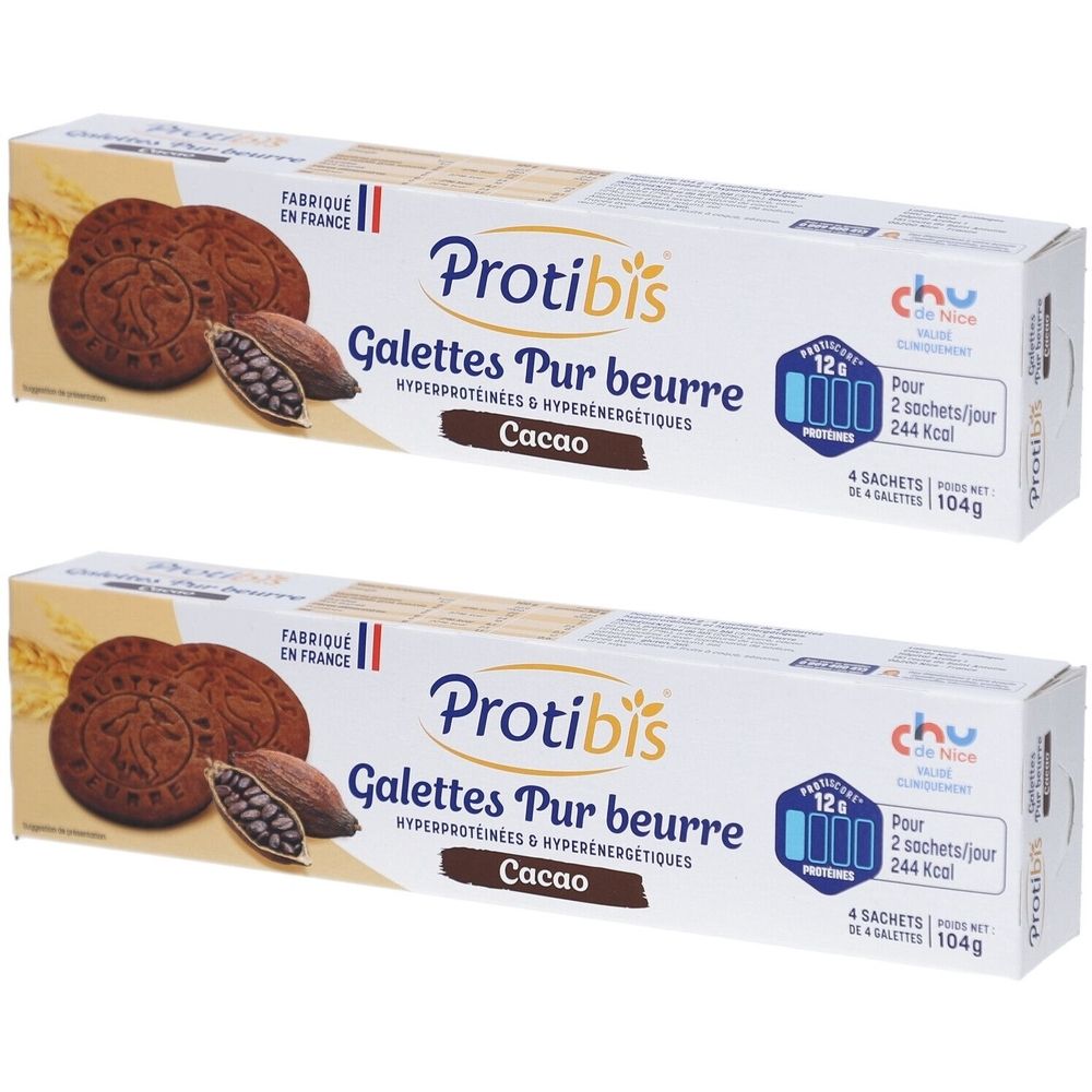 Deux boîtes de Protibis Galettes Pur beurre Cacao. Emballage avec biscuits, illustration de fèves de cacao. Texte : Hyperprotéinées & hyperénergétiques.