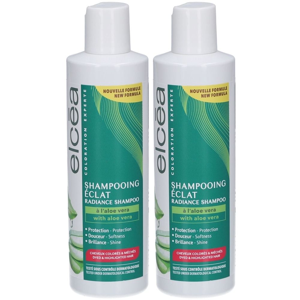 Deux flacons de shampooing blancs avec étiquettes vertes. Inscription : Elcea, Shampooing Éclat, à l'aloe vera. Nouvelle formule.