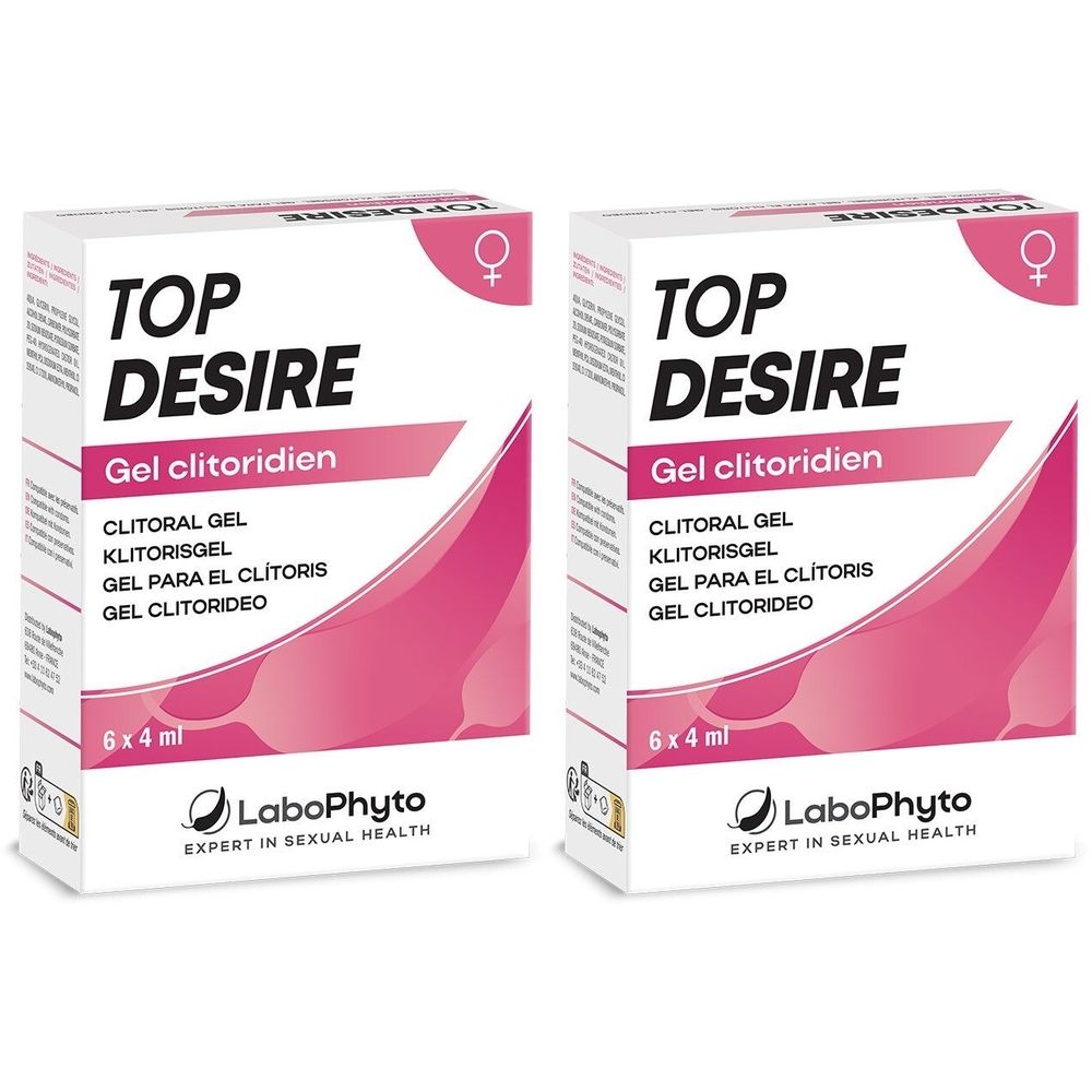 Deux boîtes de "TOP DESIRE Gel clitoridien". Emballage rose et blanc. Texte: CLITORAL GEL, KLITORISGEL, GEL PARA EL CLITORIS, GEL CLITORIDEO. LaboPhyto.