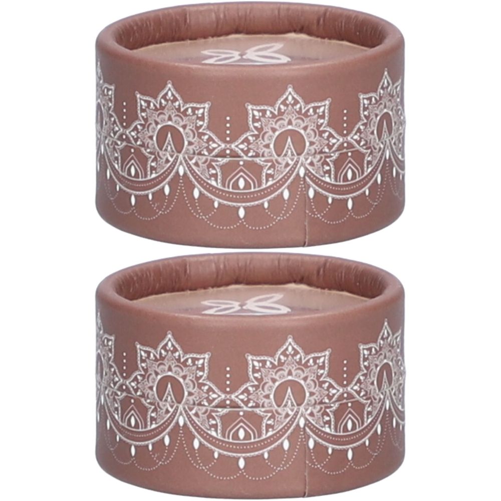 Deux contenants ronds bruns avec un motif ornemental blanc. Un couvercle avec un logo est visible sur le dessus.