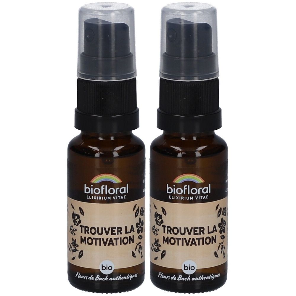 Deux flacons spray bruns avec vaporisateur noir. Inscription : "Trouver la Motivation". Marque : biofloral.