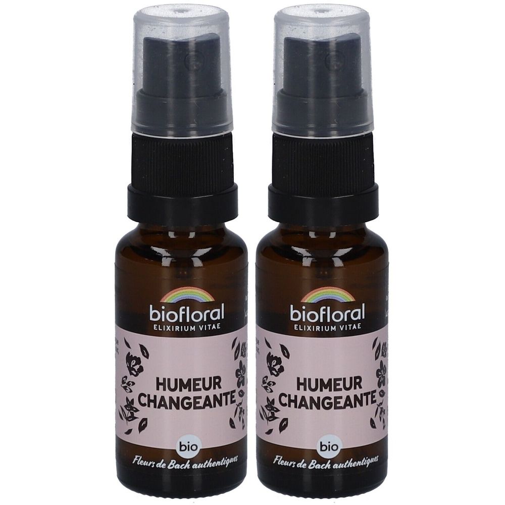 Deux flacons spray en verre brun. Étiquettes avec "biofloral" et "Humeur Changeante". Têtes de pulvérisation transparentes.