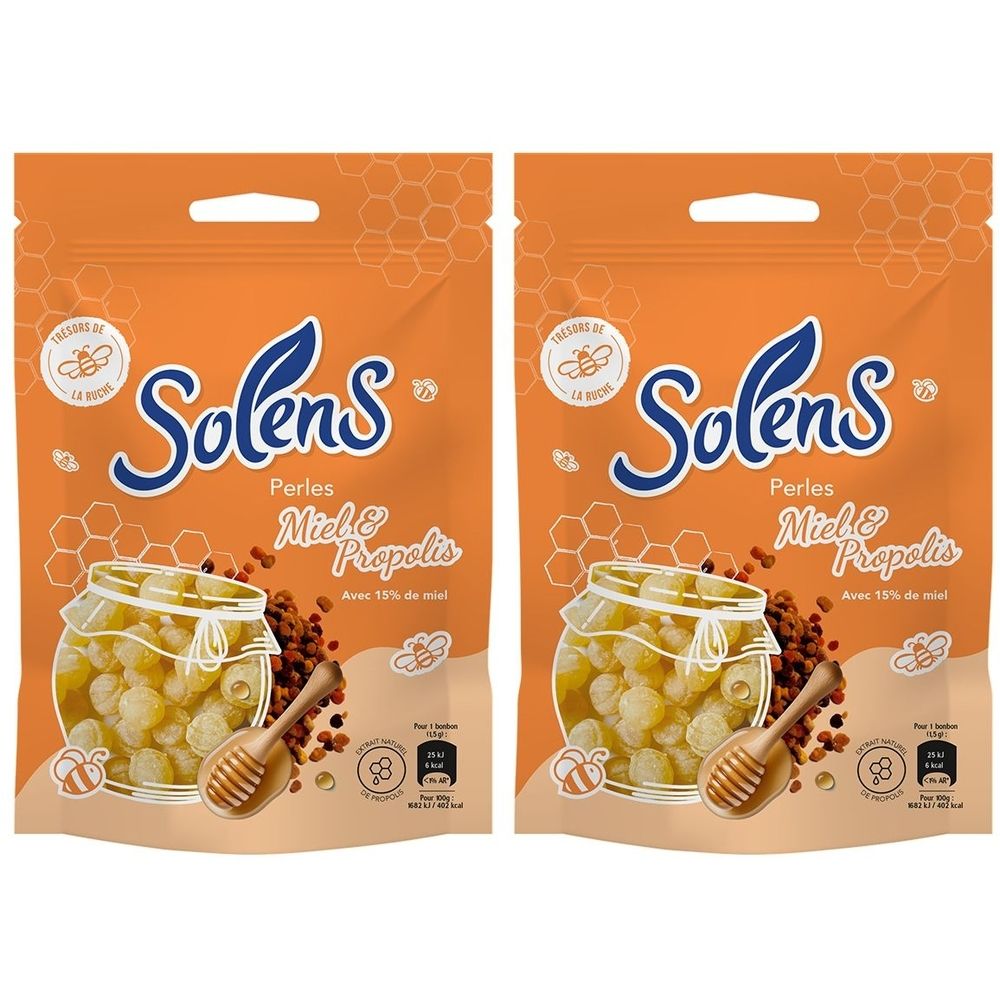 Deux sachets de SOLENS Perles Miel & Propolis. Emballage orange avec image du produit et texte. Motif en nid d'abeille.
