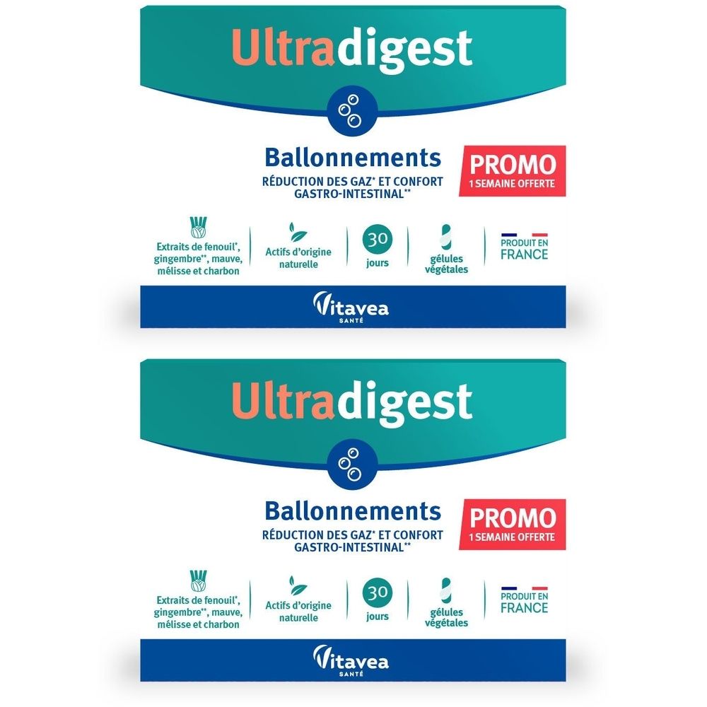 Deux boîtes de VITAVEA Ultradigest. Design turquoise et blanc. Texte : Ultra digest, Ballonnements, Promo, 30 jours, Produit en France.