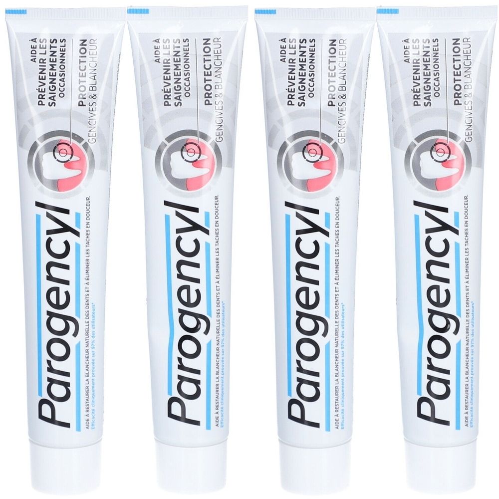 Quatre tubes de dentifrice. Inscription: Parogencyl, protection des gencives et blancheur. Aide à prévenir les saignements occasionnels.