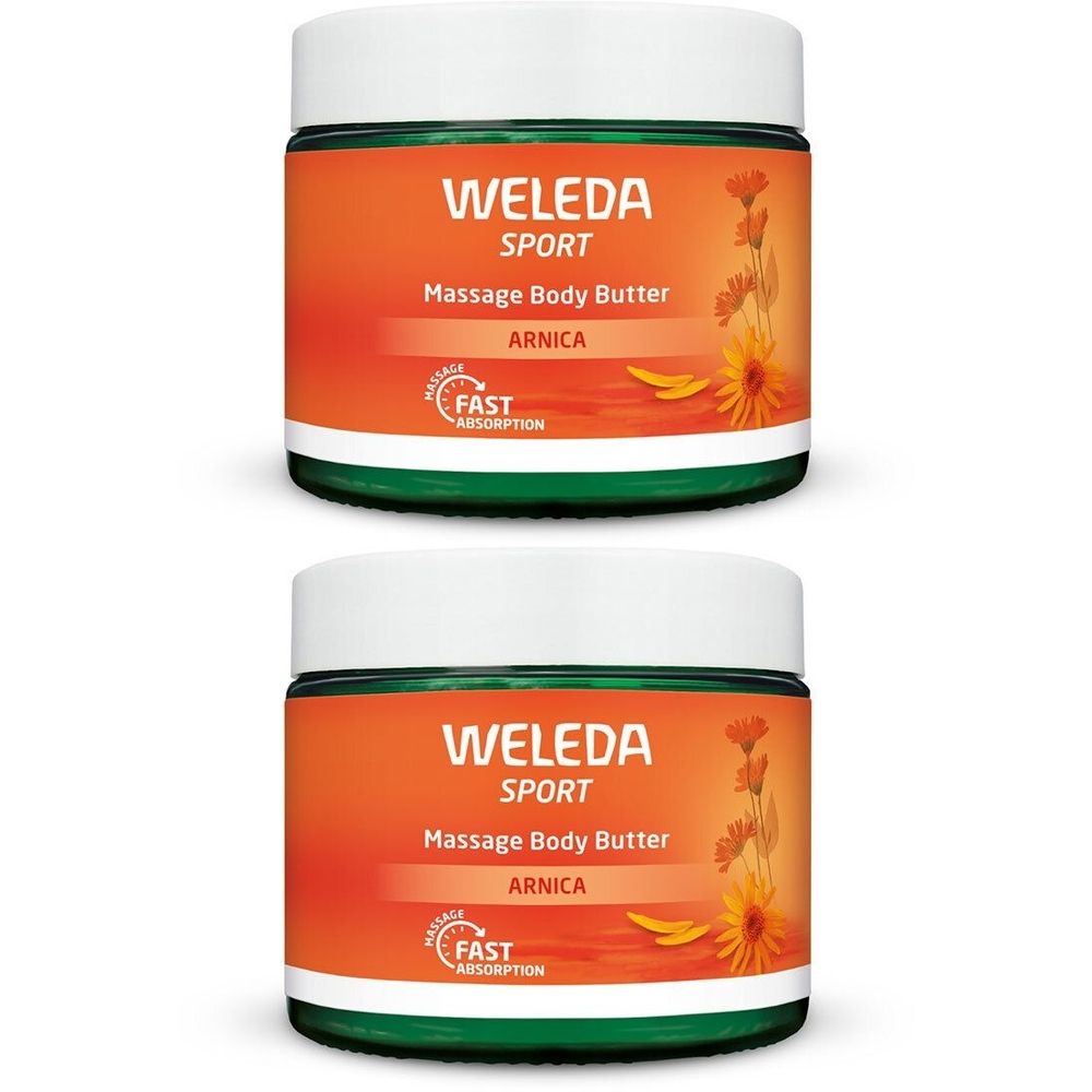 Deux pots de beurre corporel de massage WELEDA Sport. Étiquettes orange avec texte blanc. Inscription: Arnica. Absorption rapide.
