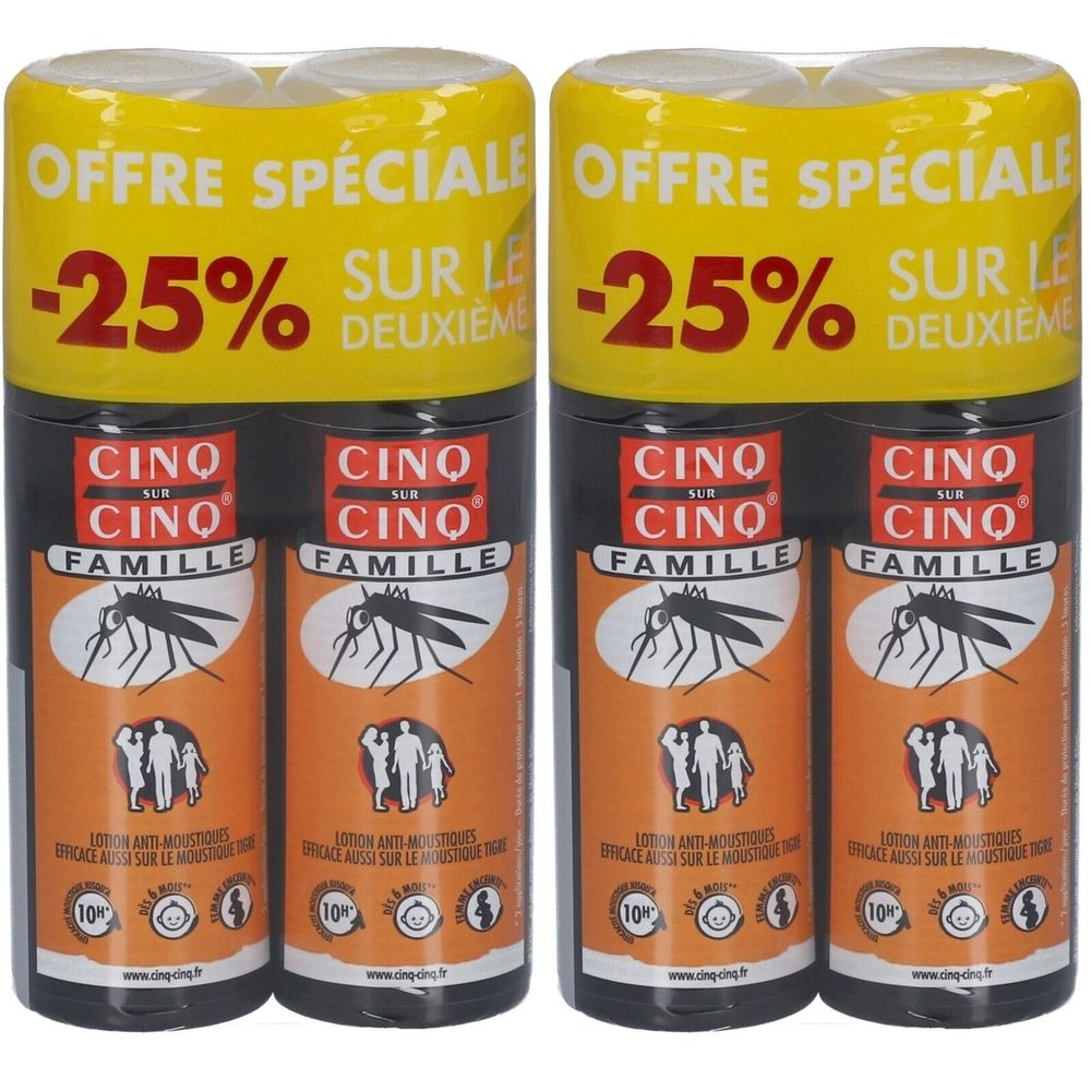 Deux packs de CINQ SUR CINQ Spray Famille. Flacons noirs avec étiquette orange. Haut jaune avec offre spéciale -25%.