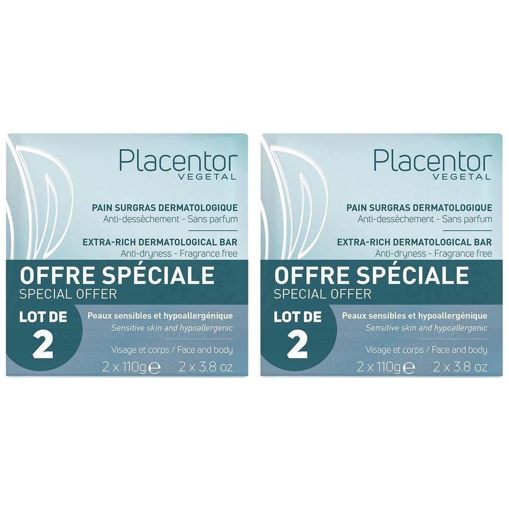 Deux boîtes de pain surgras dermatologique. Texte : "OFFRE SPÉCIALE", "LOT DE 2". Marque : Placentor Vegetal.