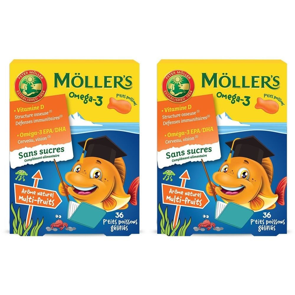 Deux boîtes de MOLLER'S Omega-3. Emballage jaune avec illustration de poisson. Contient de la vitamine D et Omega-3 EPA/DHA. Inscription : Sans sucres.