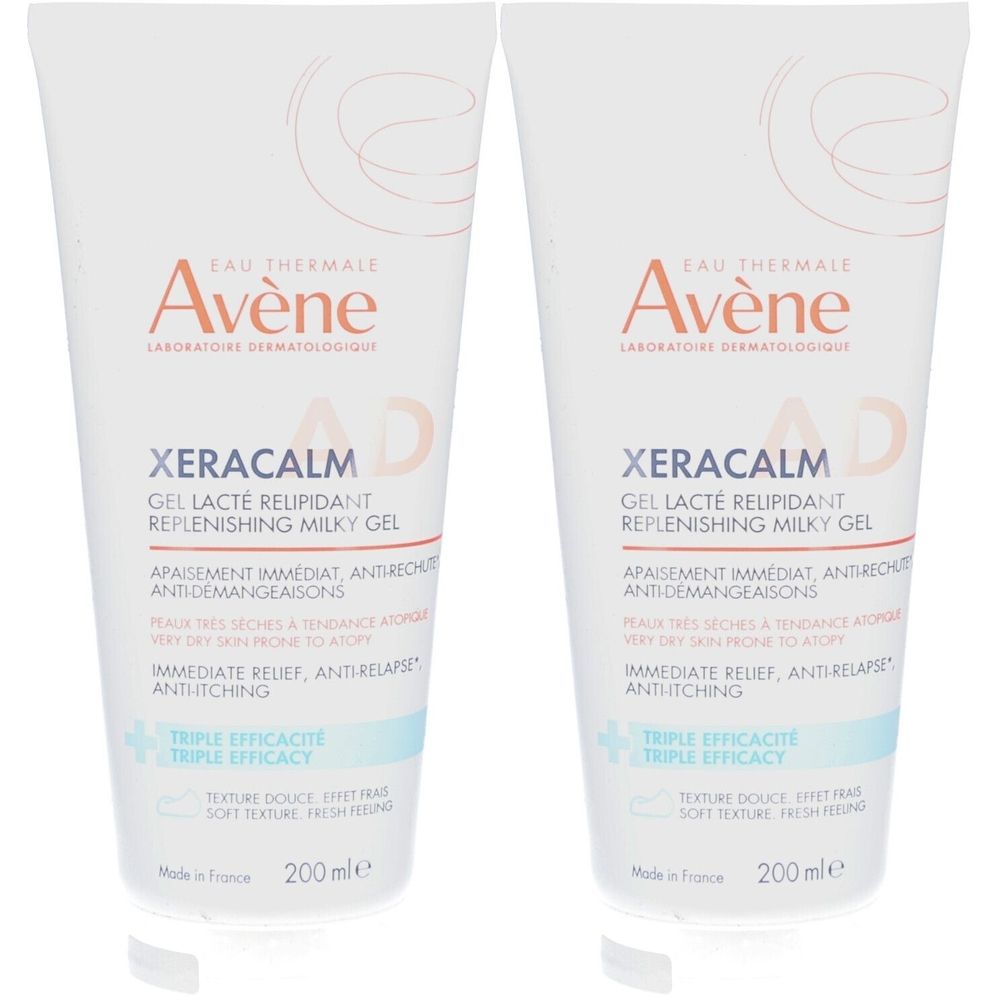Deux tubes blancs AVENE Xeracalm Gel Lacté. Inscription: Gel Lacté Relipidant, 200 ml. Marque française.