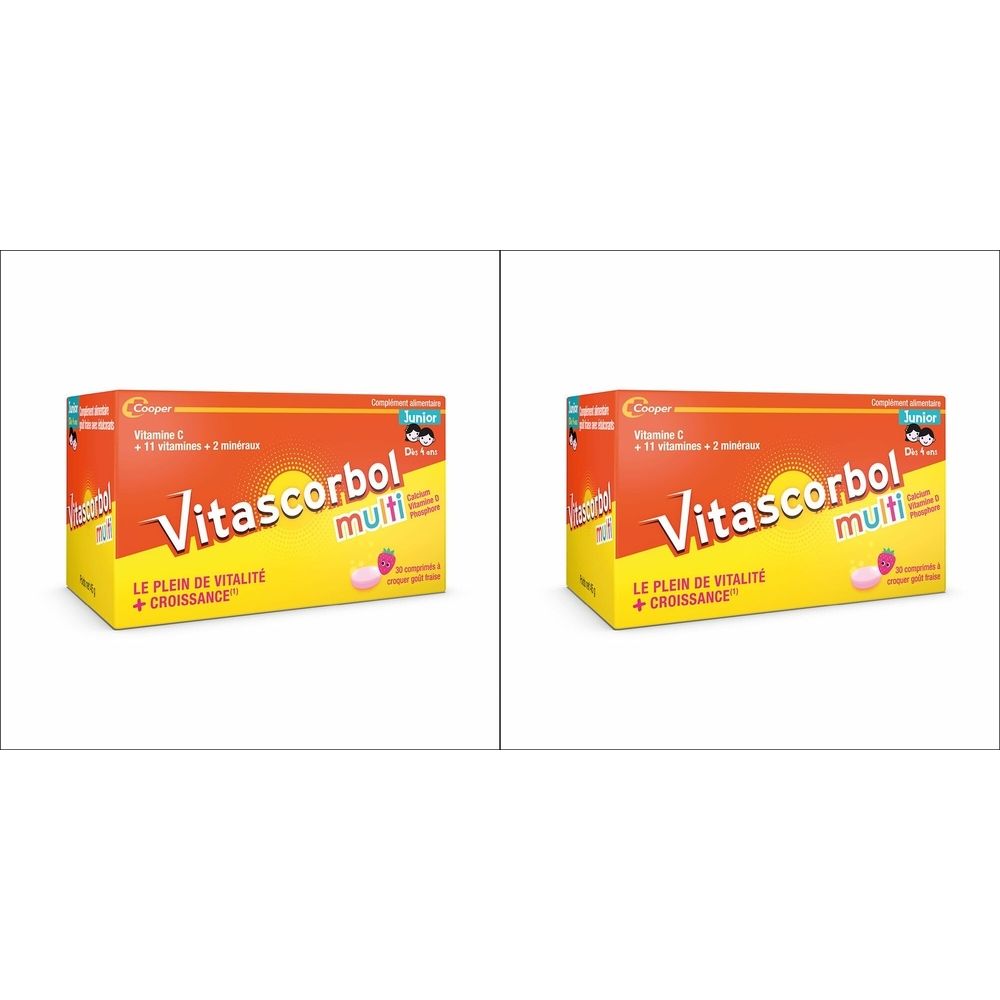 Boîte de Vitascorbol multi Junior. Carton orange avec nom et logo du produit. Contient 30 comprimés.