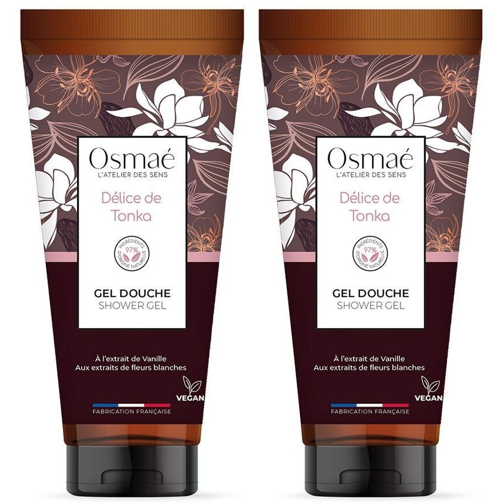 Deux tubes de Gel Douche Délice de Tonka OSMAE. Emballage marron avec motif floral et mentions produit. Label Vegan.