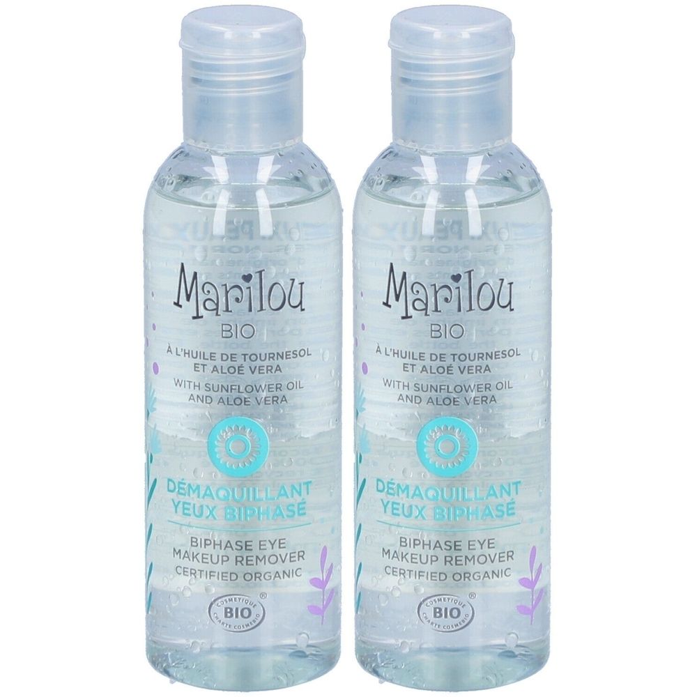 Deux flacons transparents avec bouchons bleus. Inscription: Marilou Bio, Démaquillant Yeux Biphasé, certifié biologique.