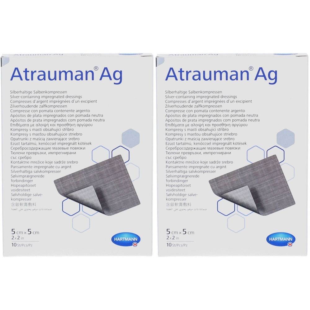 Deux boîtes d'Atrauman Ag. Compresses imprégnées d'argent. Dimensions : 5 cm x 5 cm. Marque : HARTMANN. 10 pièces par boîte.
