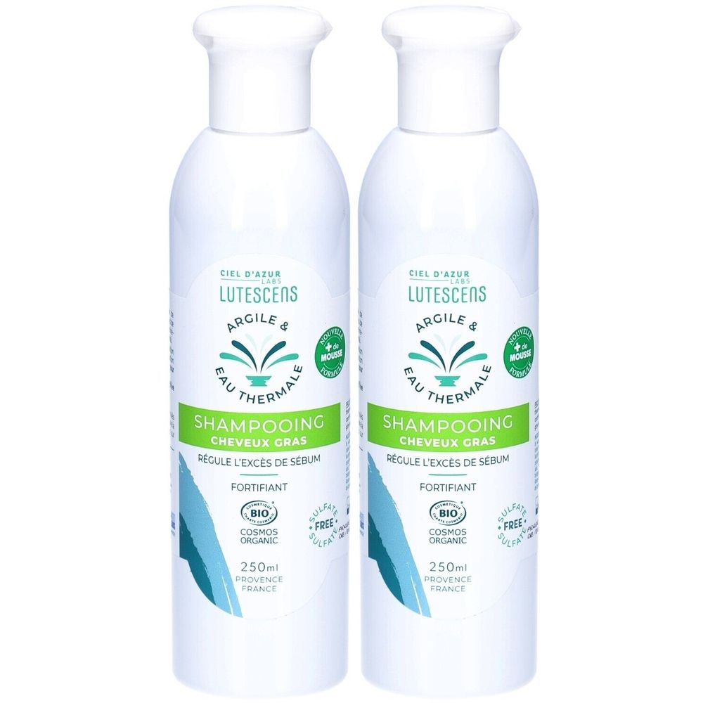 Deux flacons de shampooing blancs. Inscription: CIEL D'AZUR Lutescens, Shampooing Cheveux Gras. Certification bio.