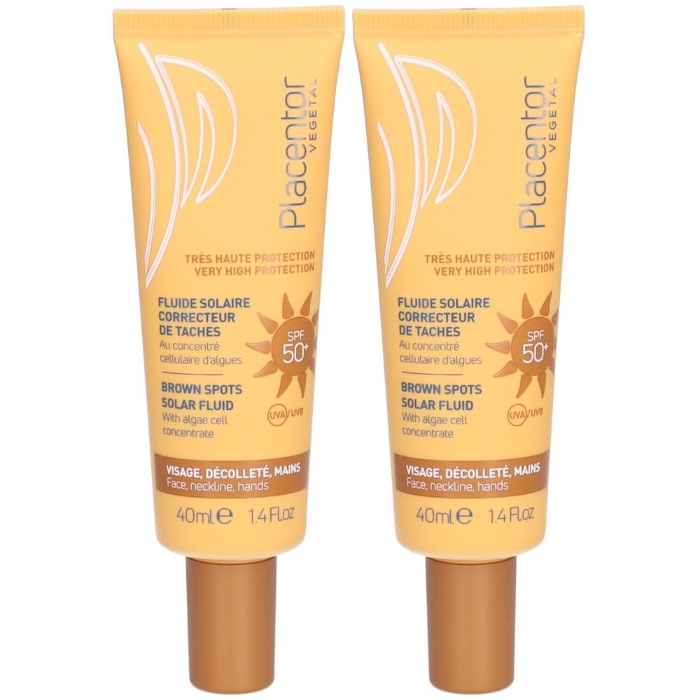 Deux tubes de fluide solaire. Tube jaune avec bouchon marron. Inscription : Placentor, Fluide Solaire Correcteur de Tâches SPF50+.