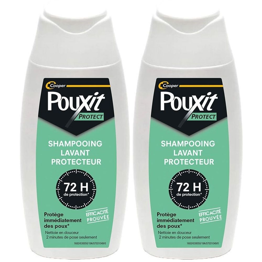 Deux flacons blancs avec étiquettes. Inscription : Pouxit Protect, Shampooing Lavant Protecteur. Protection 72H. Efficacité prouvée.