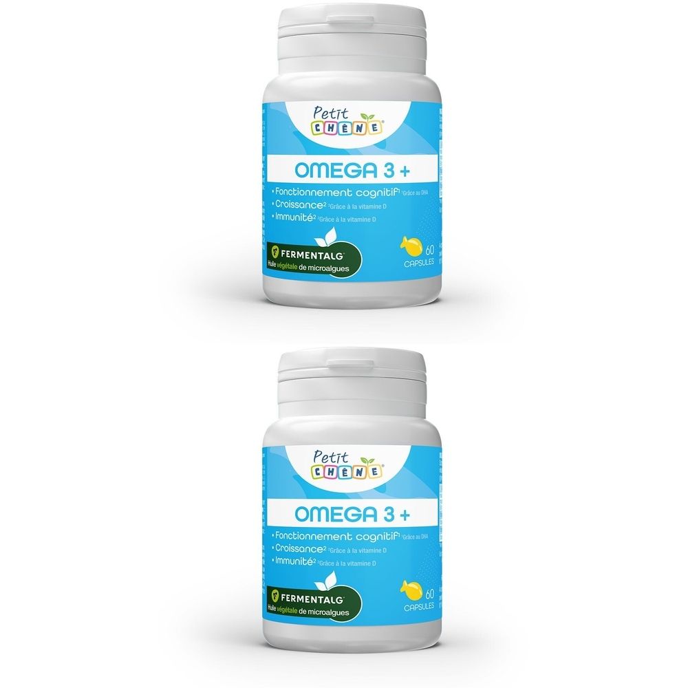 Deux flacons blancs avec étiquette bleue. Inscription OMEGA 3+. Contient des gélules. Marque: Petit Chene.