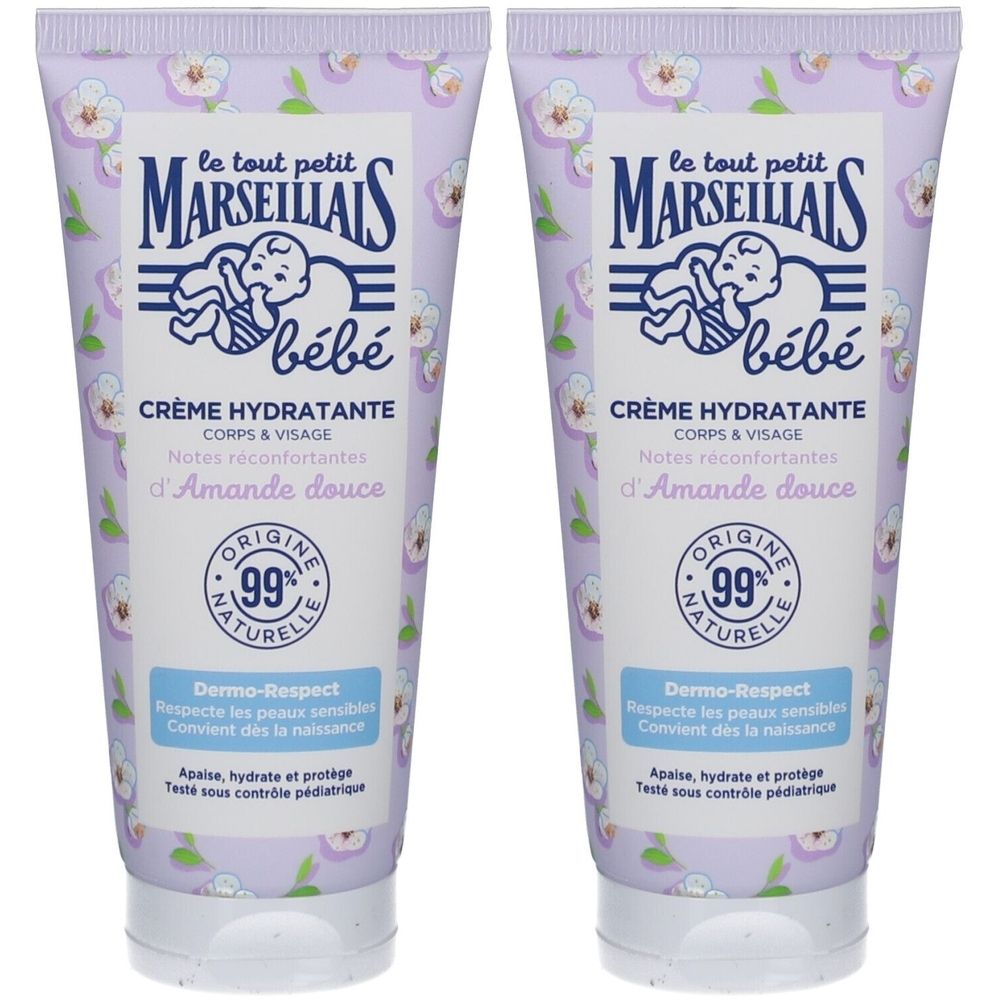 Deux tubes de crème pour bébé. Inscription: LE TOUT PETIT MARSEILLAIS bébé, Crème Hydratante, 99% naturelle. Dermo-Respect.