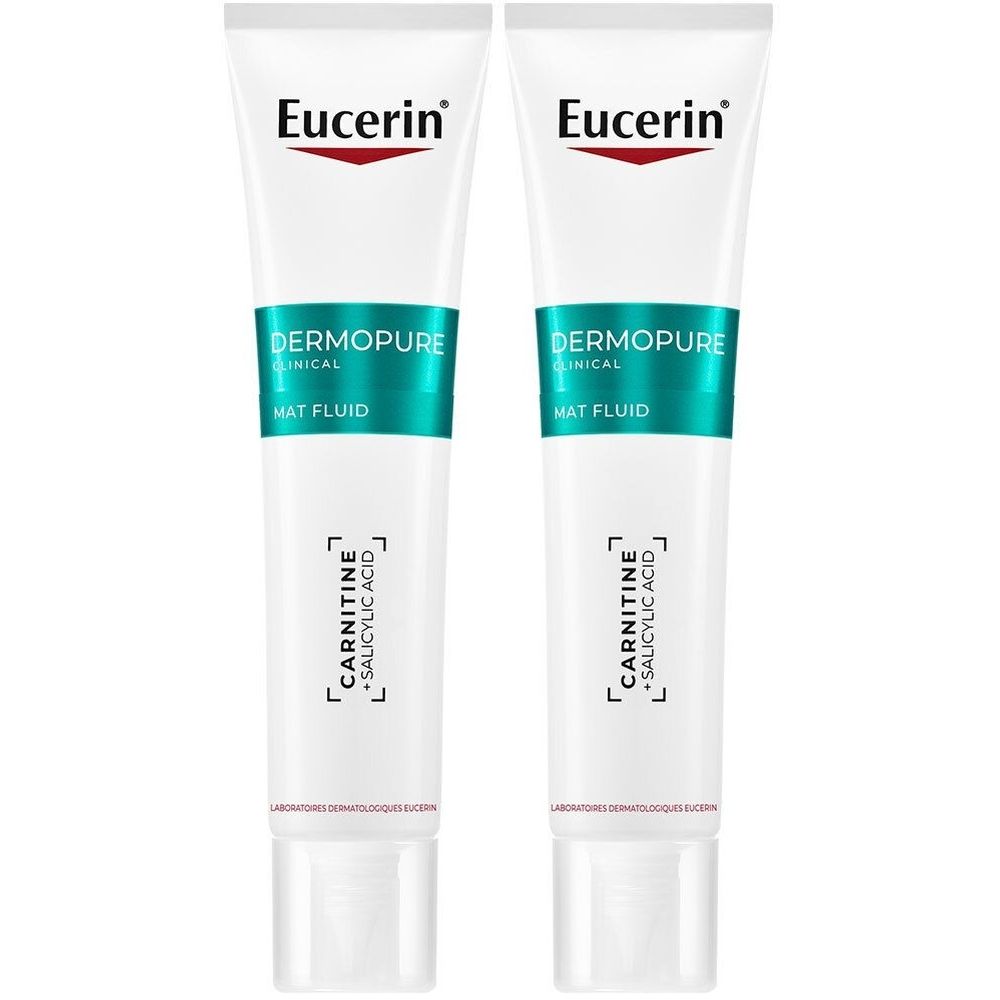 Deux tubes blancs. Chaque tube porte les inscriptions "Eucerin", "Dermopure Clinical Mat Fluid" et "Carnitine + Salicylique Acid".