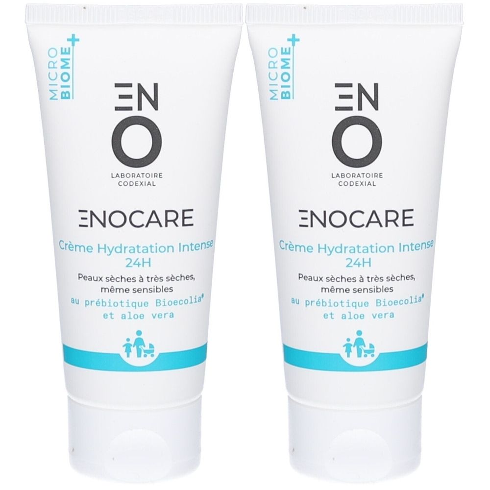 Deux tubes blancs avec texte bleu. Inscription: ENOCARE Crème Hydratation Intense 24H. Pour peaux sèches.
