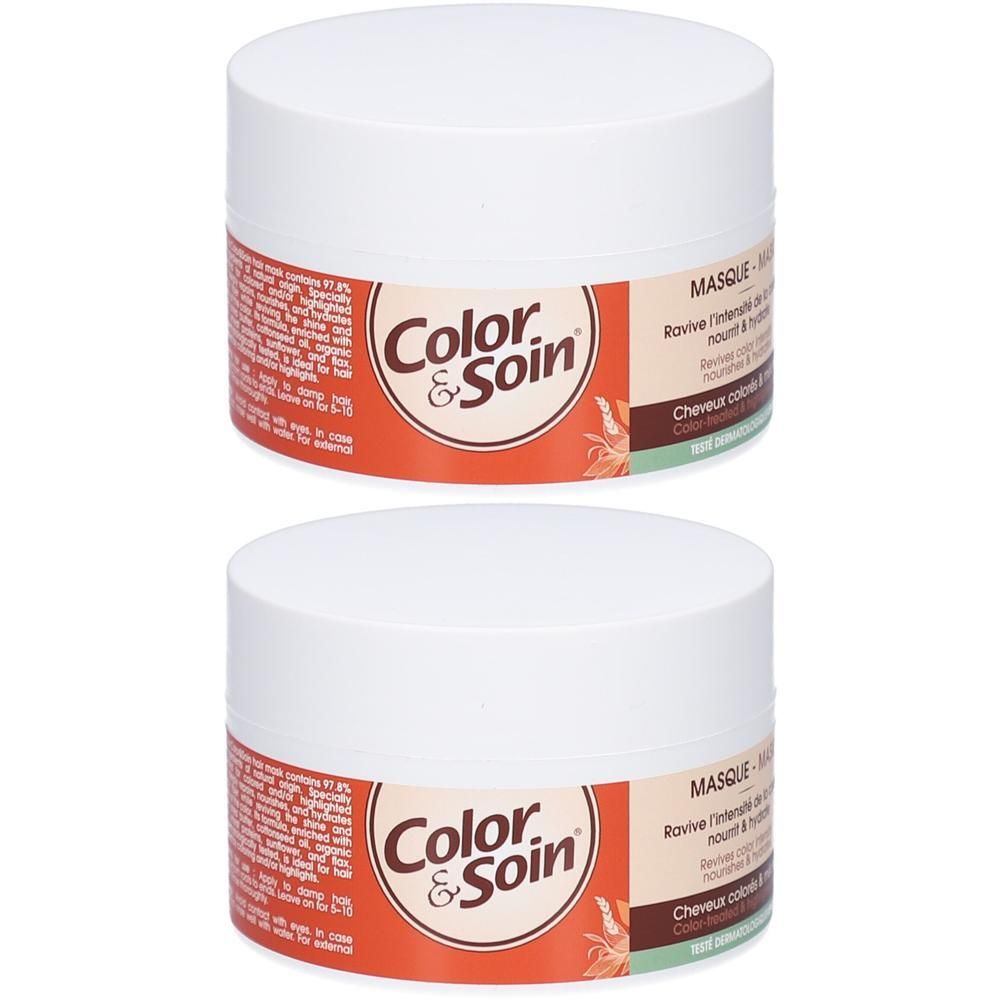 Deux pots blancs avec couvercles. L'étiquette indique "Color & Soin".