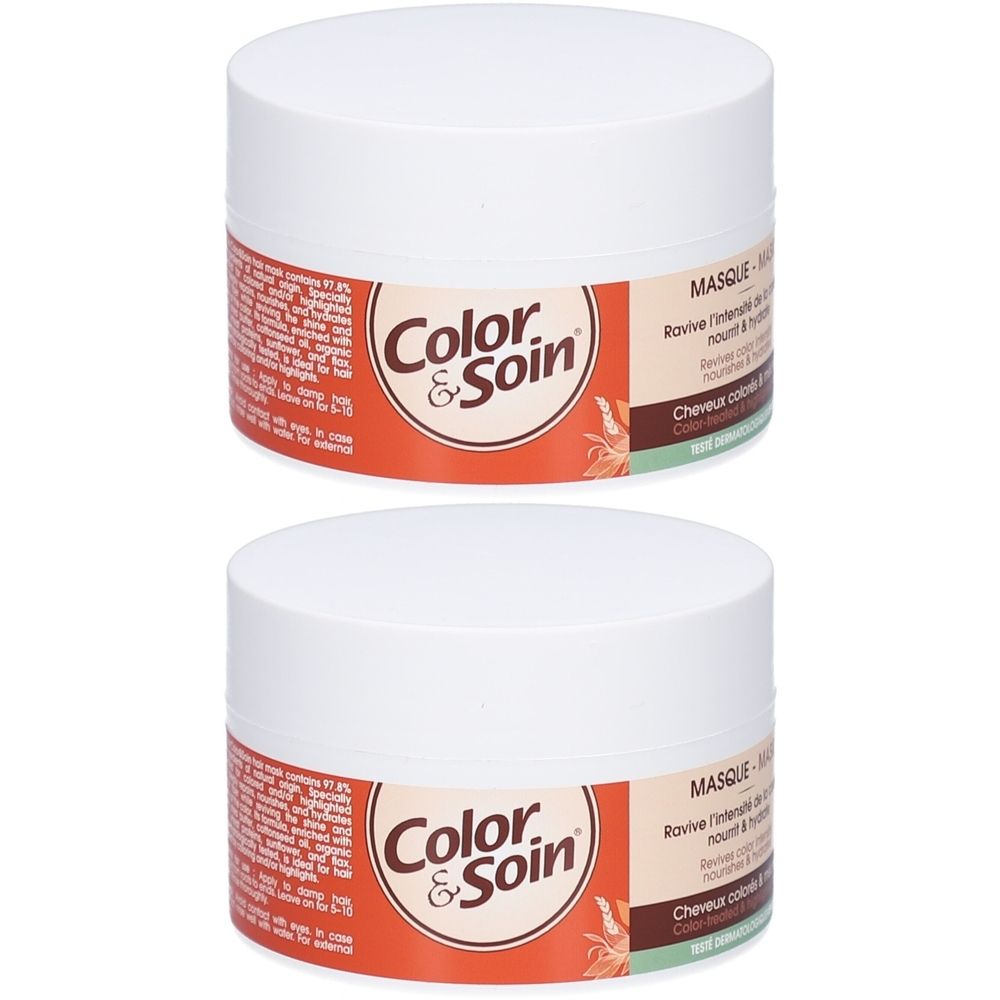 Deux pots blancs avec couvercles. L'étiquette indique "Color & Soin".