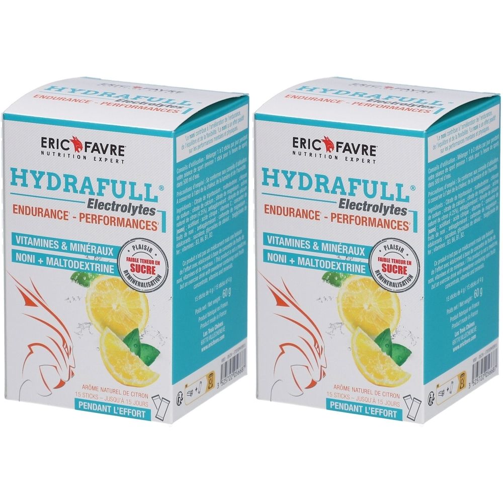 Deux boîtes rectangulaires. Inscription: HYDRAFULL, Electrolytes, Endurance-Performances. Illustration de citron et menthe. Marque: ERIC FAVRE.