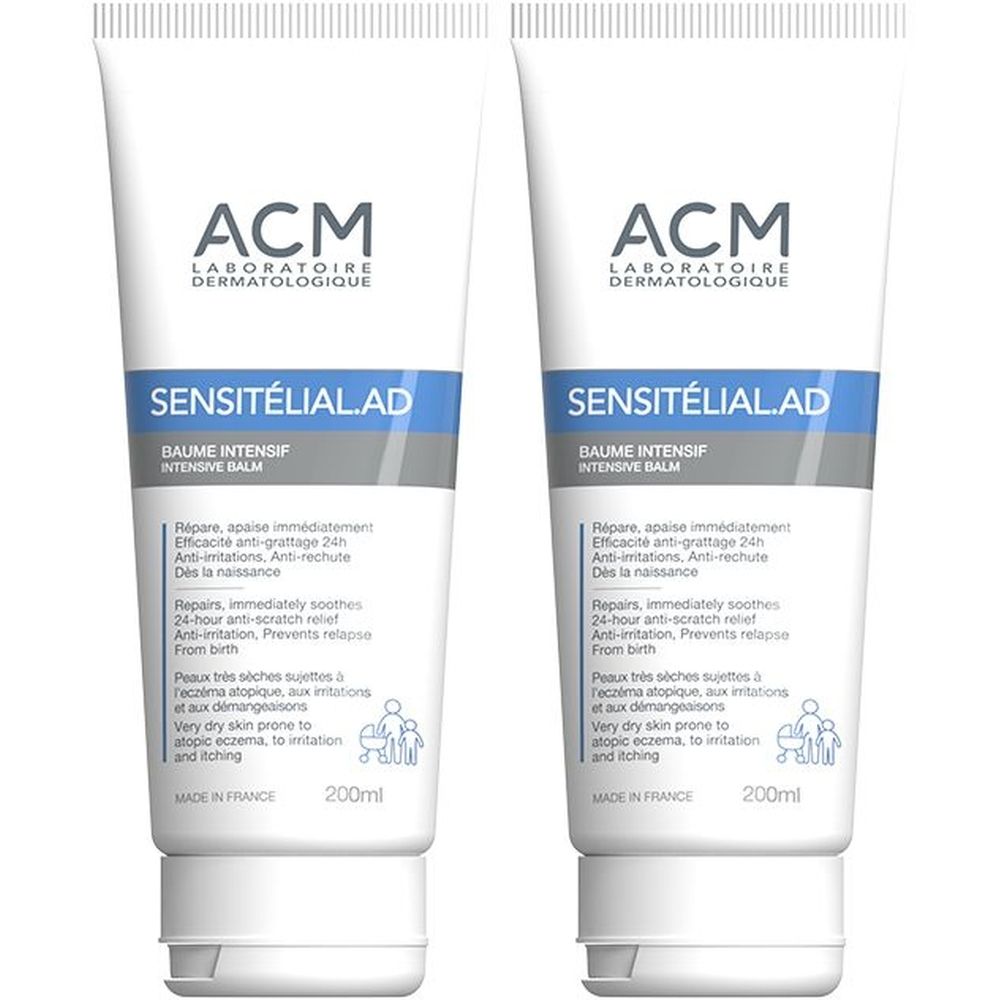Deux tubes de baume ACM Sensitélial.AD. Blanc, texte bleu. Baume Intensif, 200ml. Pour peaux très sèches sujettes à l'eczéma.
