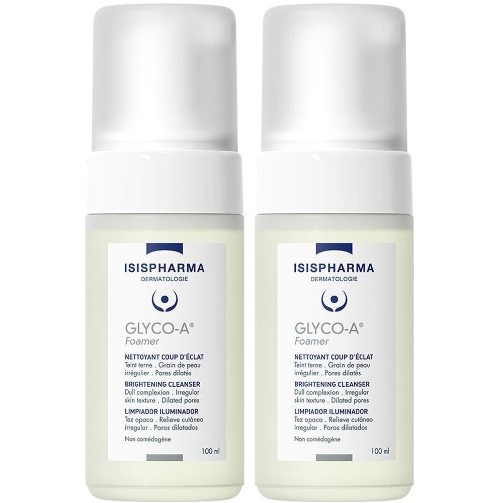 Deux flacons blancs avec vaporisateur. Étiquettes avec ISISPHARMA, Glyco-A Foamer. Texte en français et espagnol.
