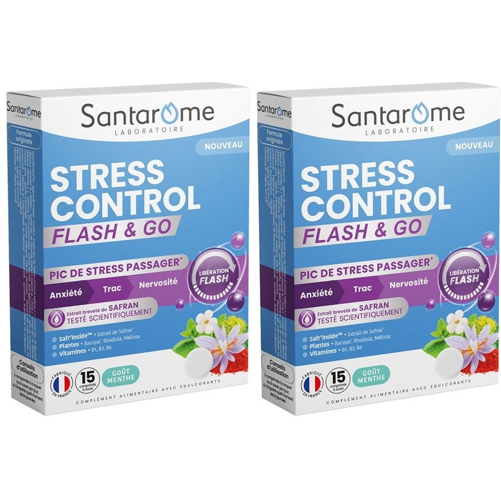 Deux boîtes de SANTAROME Stress Control Flash & Go. Emballage bleu avec texte blanc. Contient 15 gélules. Label « Nouveau ».