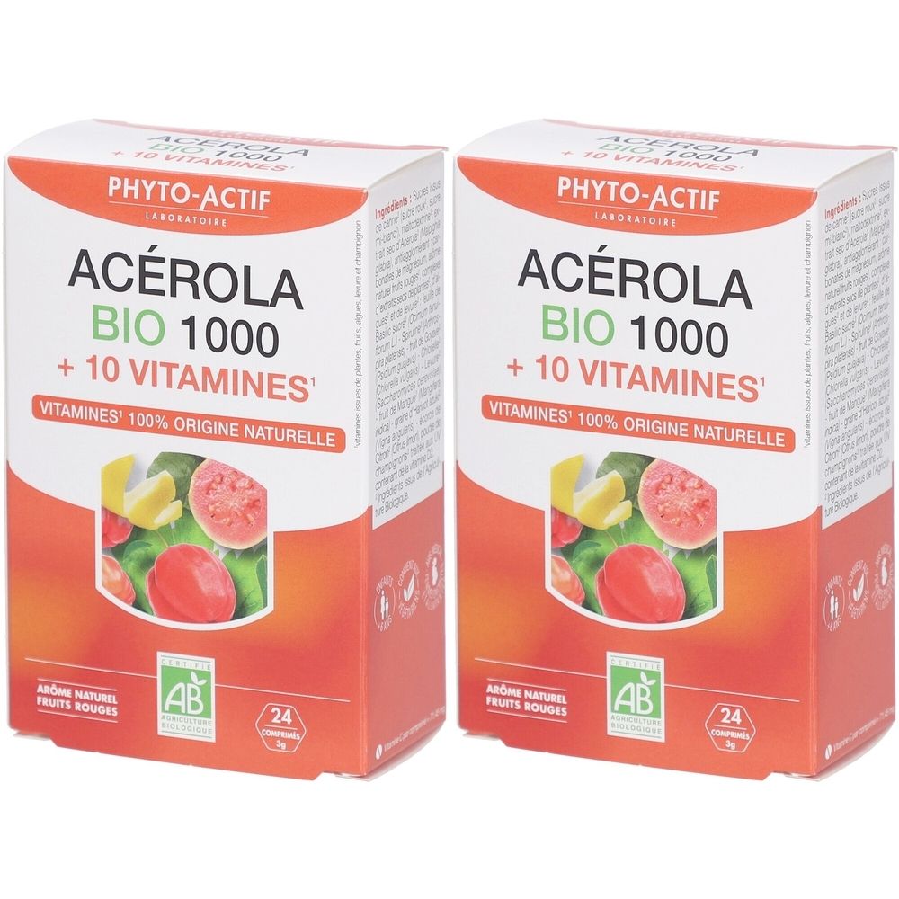 Deux boîtes de PHYTO-ACTIF Acerola Bio 1000 + 10 Vitamines. Inscription: label AB, 24 capsules. Illustration de fruits.