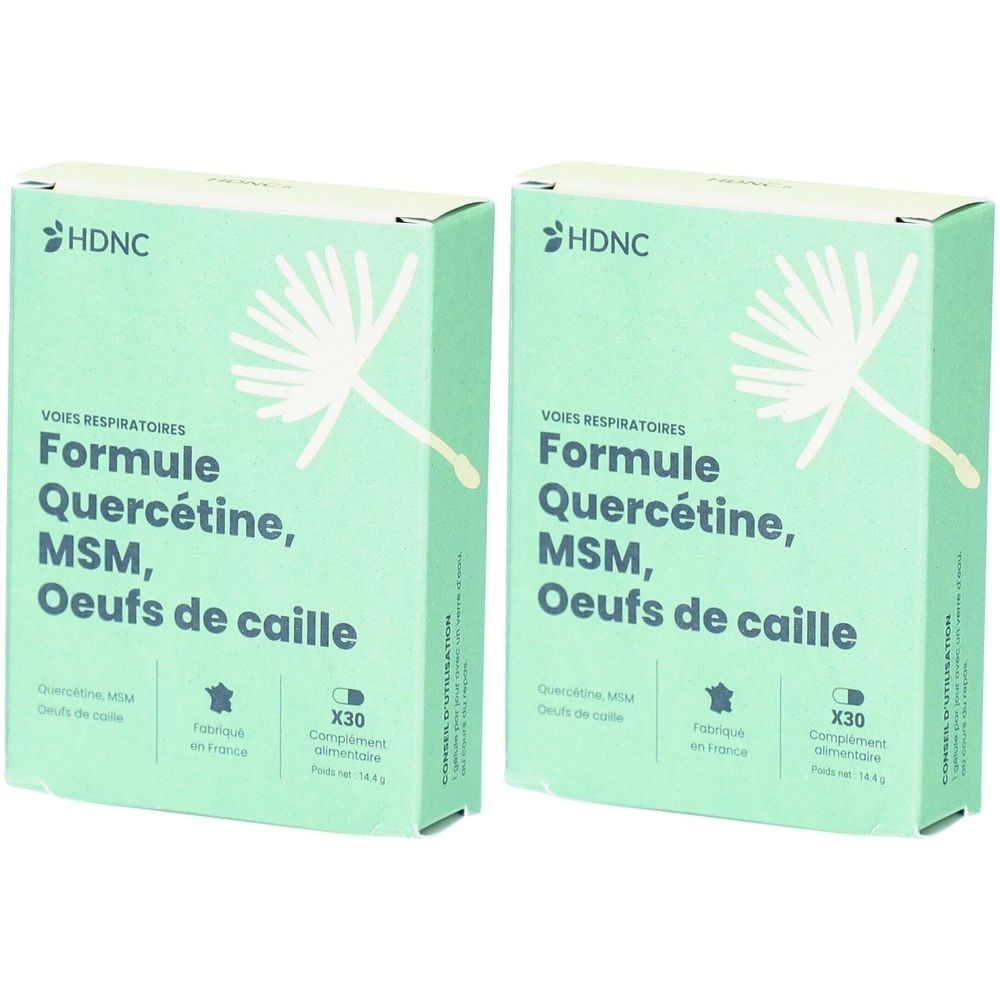 Deux boîtes vertes avec le logo HDNC. Inscription : Formule Quercétine, MSM, Oeufs de caille. Contient 30 comprimés. Fabriqué en France.