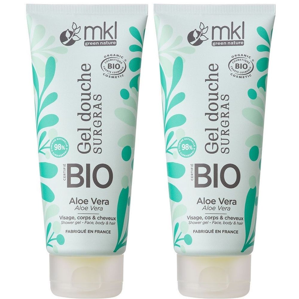 Deux tubes de gel douche à l'Aloe Vera. Tubes blancs avec décorations et texte verts. Certification BIO.