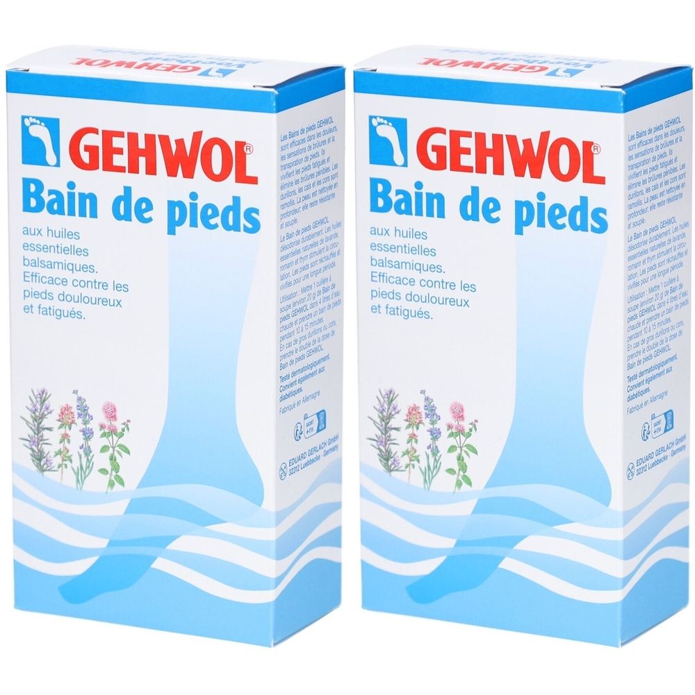 Deux boîtes de GEHWOL Bain de pieds. Inscription: Bain de pieds, aux huiles essentielles balsamiques. Efficace contre les pieds fatigués.