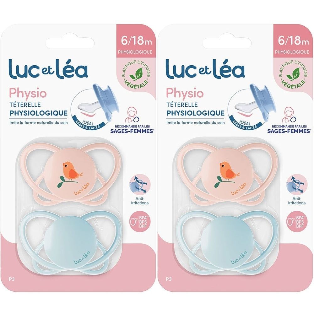 Deux sucettes Luc et Léa Physio, rose et bleu, motif oiseau, emballage. Recommandé pour les 6/18 mois. Plastique d'origine végétale.