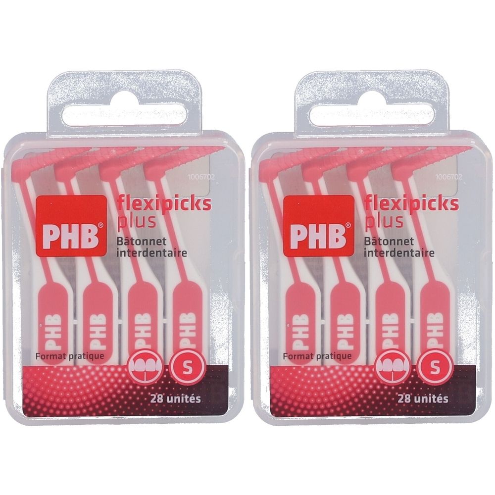 Deux emballages de PHB Flexipicks Plus. Chaque emballage contient 28 unités. Bâtonnets interdentaires roses et blancs dans un emballage plastique transparent.