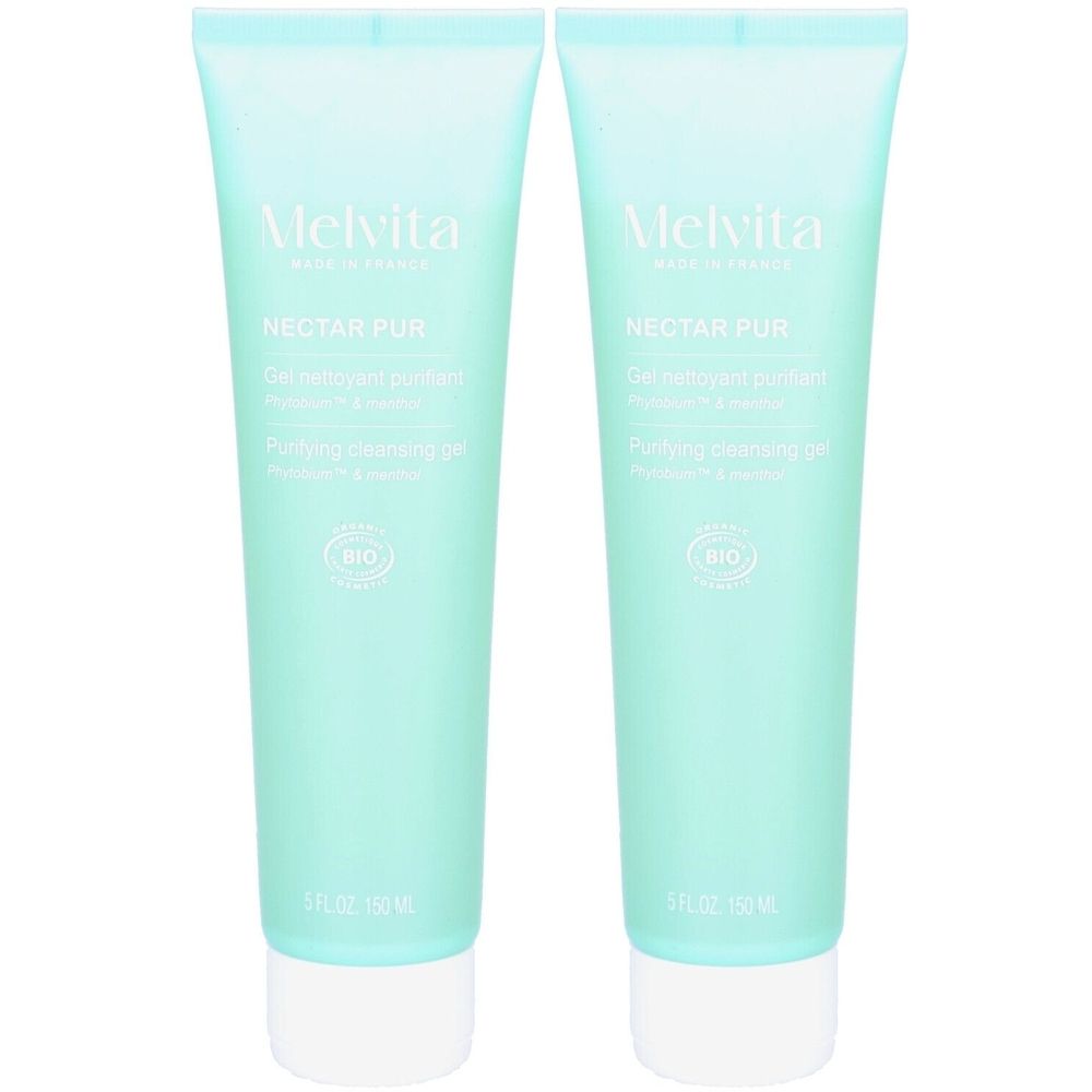 Deux tubes de gel turquoise clair. Inscription: MELVITA, NECTAR PUR, Gel nettoyant purifiant, label BIO.