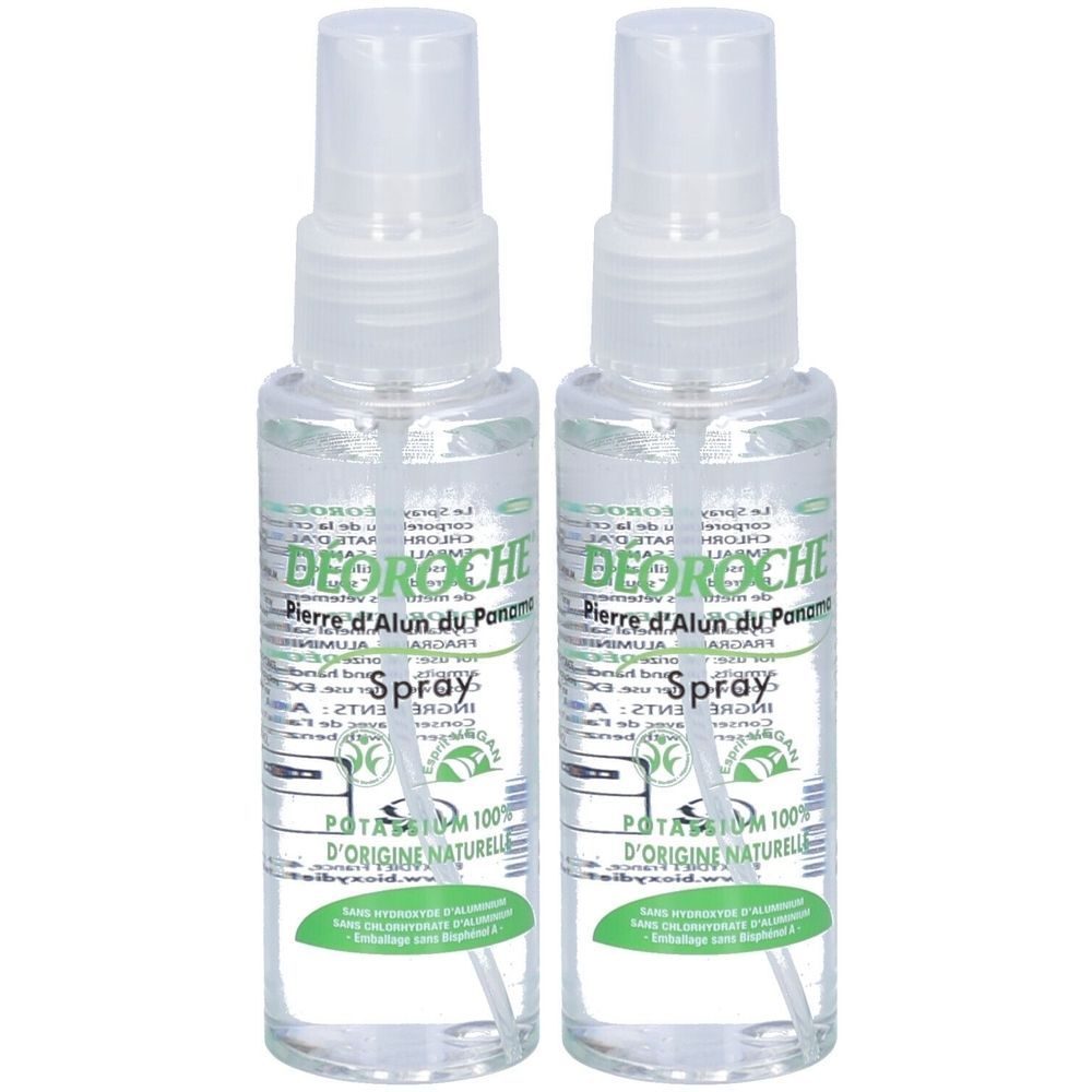 Deux flacons spray transparents. Inscription Déoroche, Pierre d'Alun du Ponom, Spray. Étiquettes vertes, bouchons blancs.