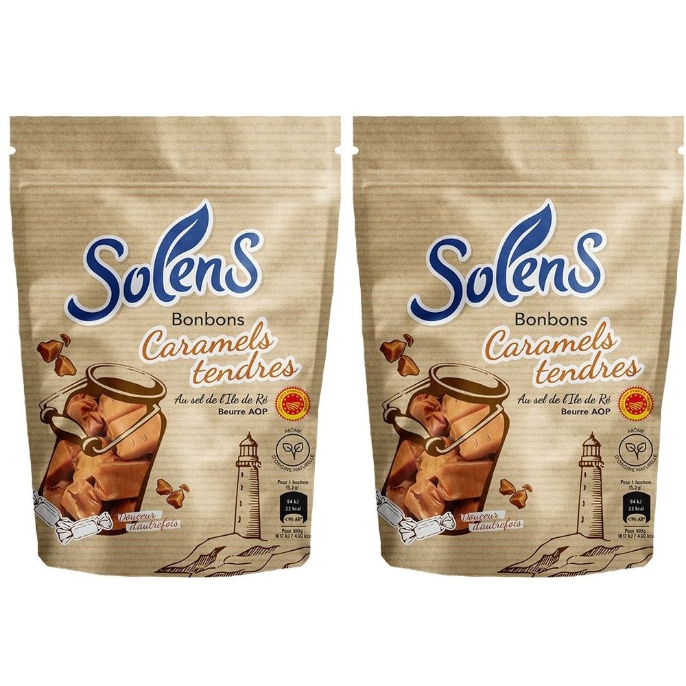 Deux paquets de bonbons SOLENS Caramels tendres. Inscription: Au sel de l'Île de Ré, Beurre AOP. Illustration d'un phare et de caramels.
