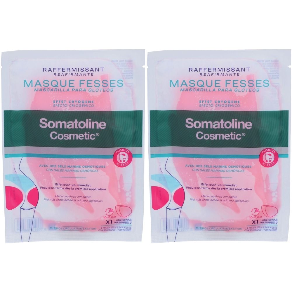 Deux sachets de produit. Inscription: Somatoline Cosmetic, Masque Fesses. Produit rose, emballage vert et blanc.